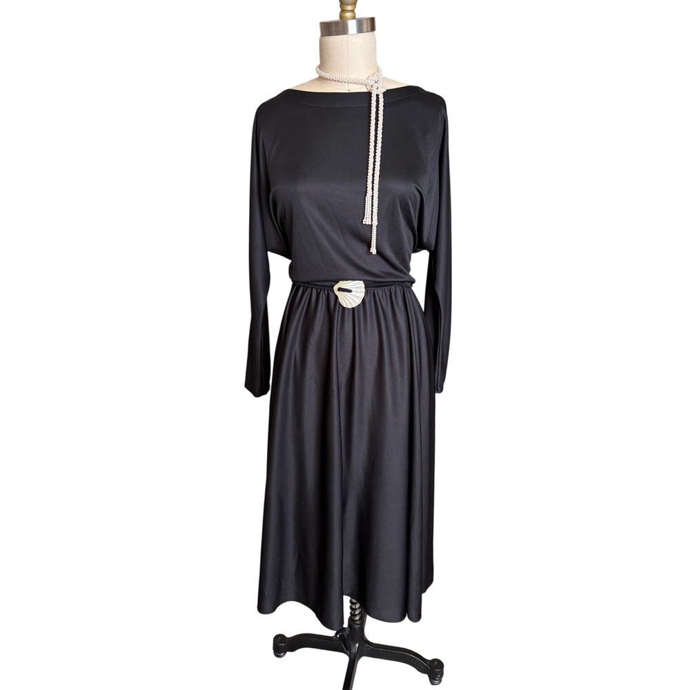 Vintage 70s ILGWU Midi Dress Womens M Black Shell Belt Dolman Sleeve Union